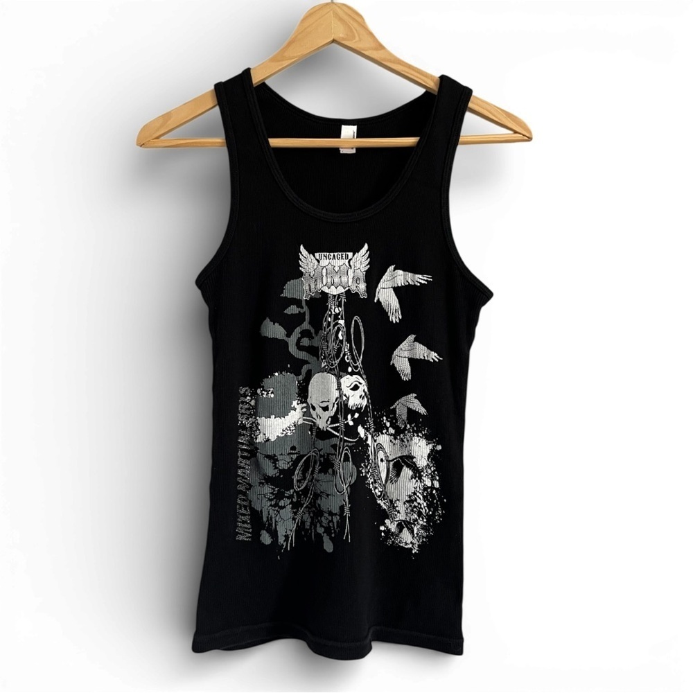 American Apparel UNCAGED MMA Ribbed Tank Top Black Skull Graphic Made USA L